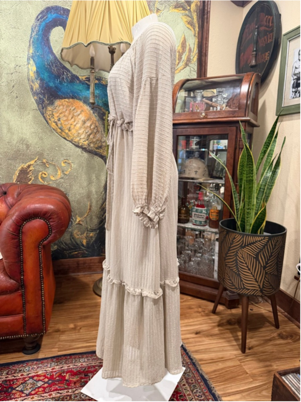 The Mint boho Neutral Textured Gauze Bishop Sleeve Tiered Ruffle Cottagecor - Picture 6 of 14